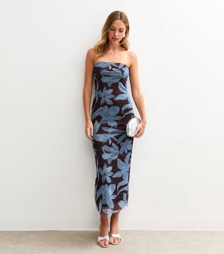 Brown Floral Print Mesh Bandeau Midi Dress
