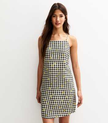 Black Gingham Sunflower Print Mini Shift Dress