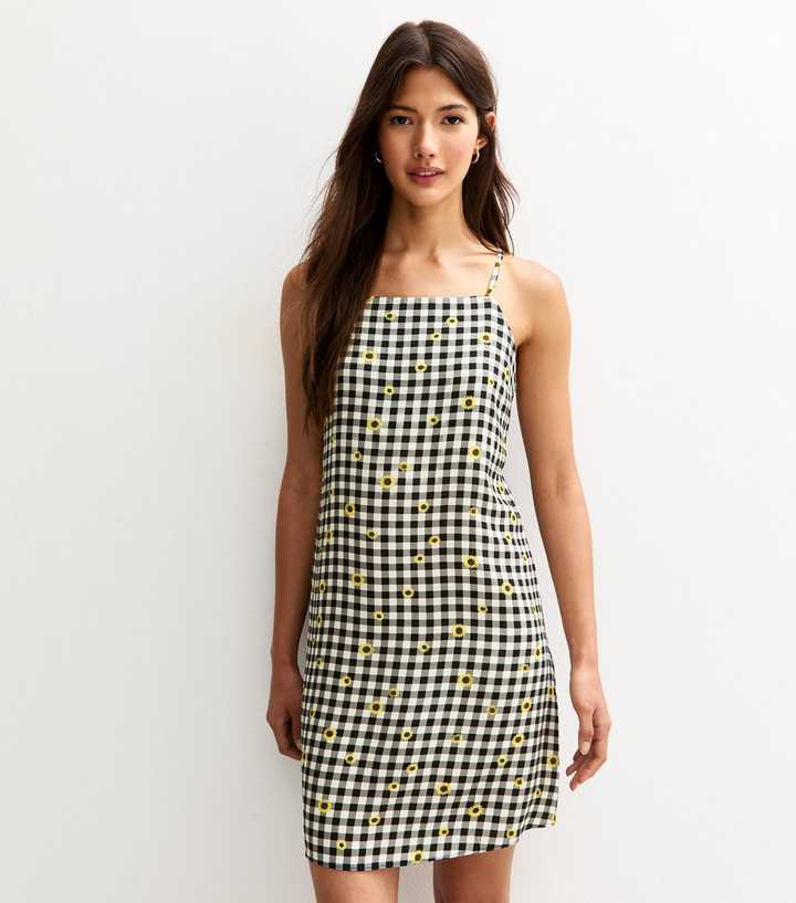 Black Gingham Sunflower Print Mini Shift Dress