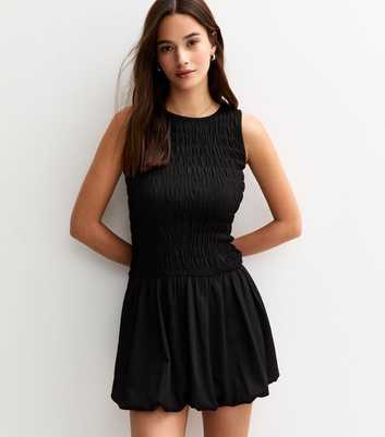 Black Shirred Bodice Puffball Hem Mini Dress
