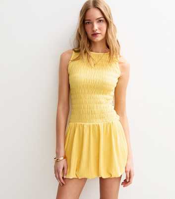 Yellow Shirred Bodice Puffball Hem Mini Dress