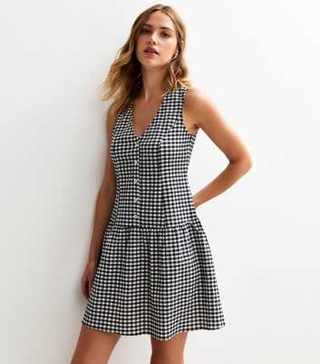 Black Gingham V-Neck Button Up Mini Dress