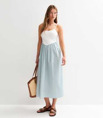 Blue Stripe Print V Waist Poplin Midi Dress