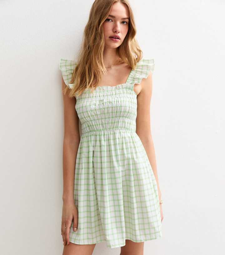 Green Checked Frill Strap Mini Dress