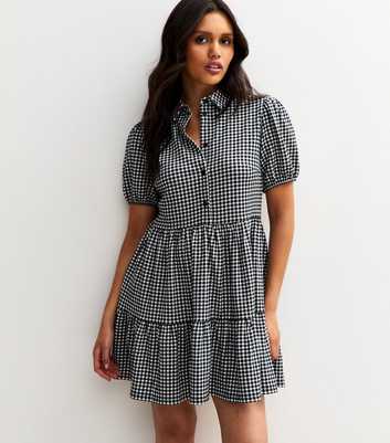 Black Crinkled Gingham Check Mini Dress