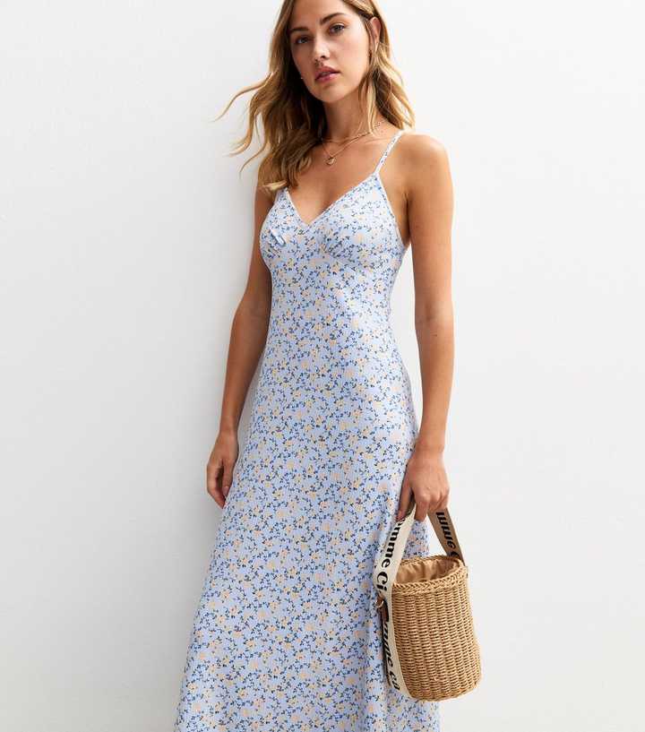 Blue Floral Print Strappy Midi Dress