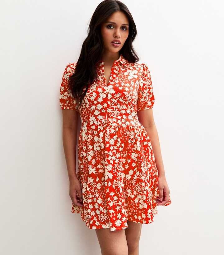 Red Floral Print Crinkled Tiered Mini Dress