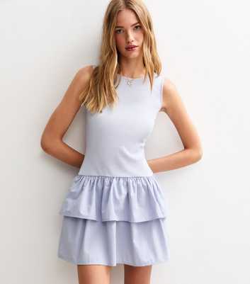 Light Blue Ribbed Jersey Poplin 2 In 1 Mini Dress