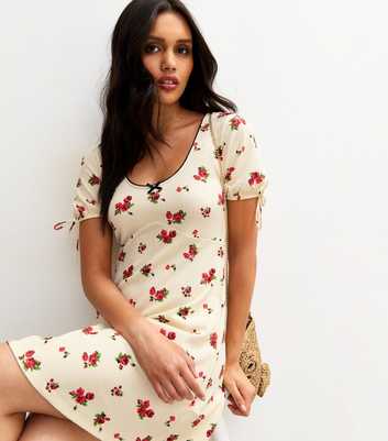 Cream Textured Jersey Floral Print Mini Dress