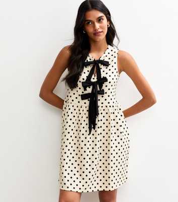 Cream Textured Polka Dot Tie Front Mini Dress