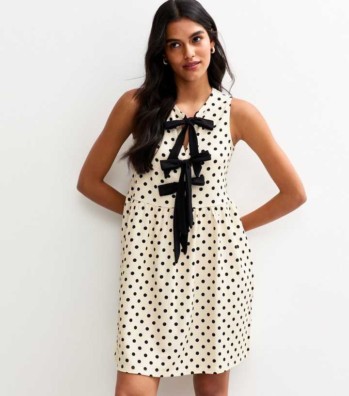 Cream Textured Polka Dot Tie Front Mini Dress