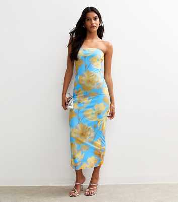 Blue Floral Print Mesh Bandeau Midi Dress