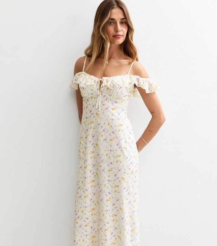 White Floral Print Off The Shoulder Midi Dress