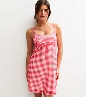 Red Gingham Print Bow Trim Mesh Mini Dress