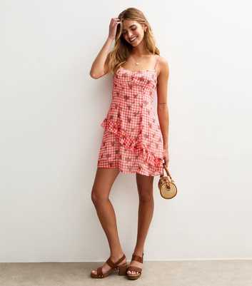 Pink Gingham Rose Print Frill Trim Mini Dress