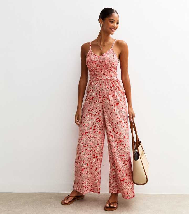 Red Paisley Print Shirred Bodice Wide Leg Jumpsuit