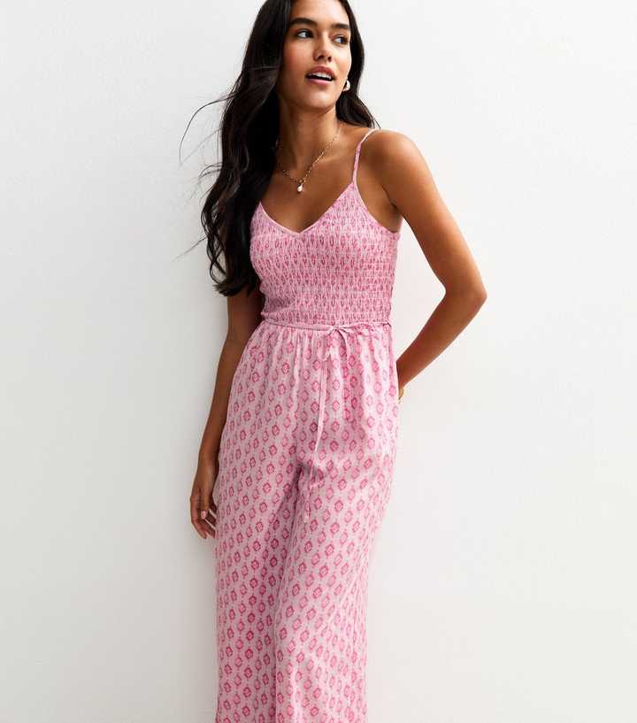 Pink Abstract Print Shirred Wide Leg Jumpsuit