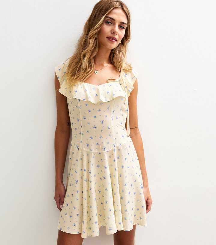 Cream Ditsy Print Ruffle Front Side Bow Mini Dress