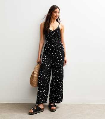 Black Polka Dot Print Shirred Jumpsuit
