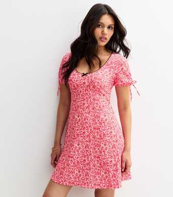 Pink Floral Print Crinkle Texture Bow Trim Mini Dress