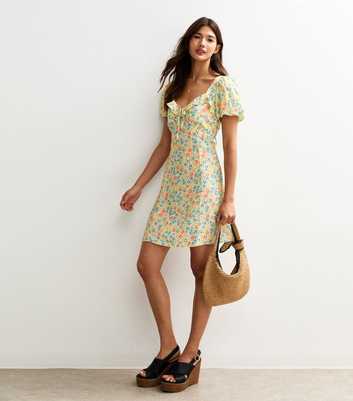 Yellow Floral Print Ruffle Trim Mini Dress