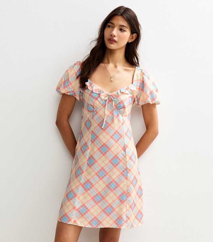 Cream Checked Ruffle Trim Mini Dress