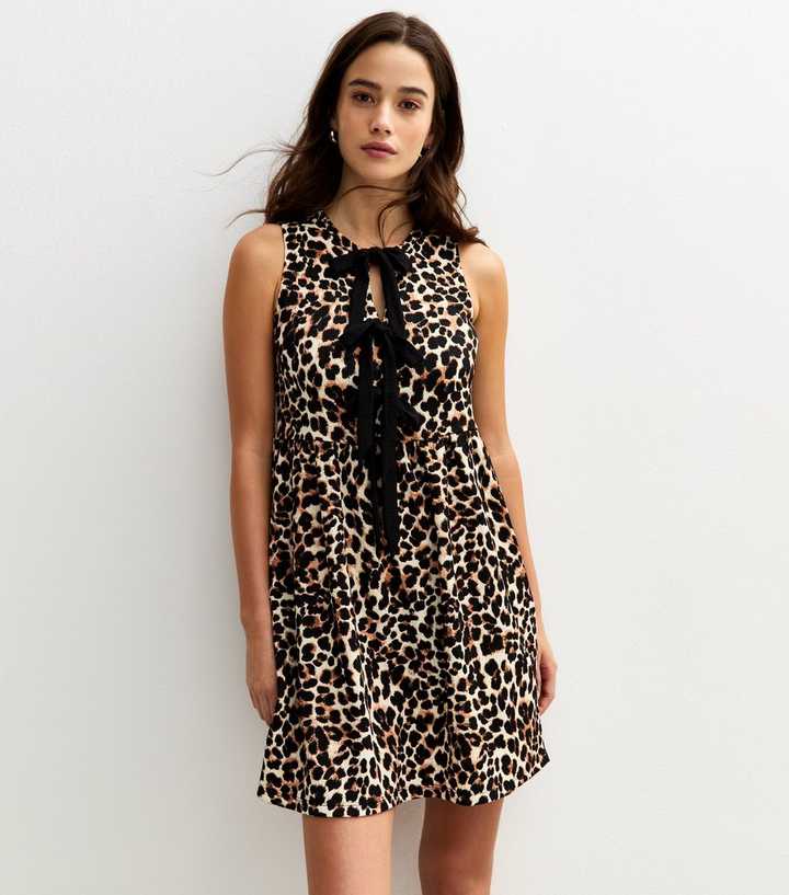 Brown Animal Print Bow Front Mini Dress