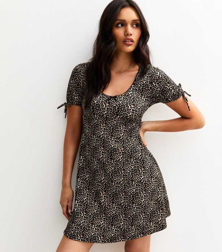 Brown Textured Animal Print Tie Sleeve Mini Dress
