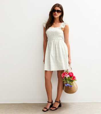Blue Gingham Print Shirred Frill Strap Mini Dress