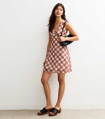 Cream Checked V-Neck Mesh Mini Dress