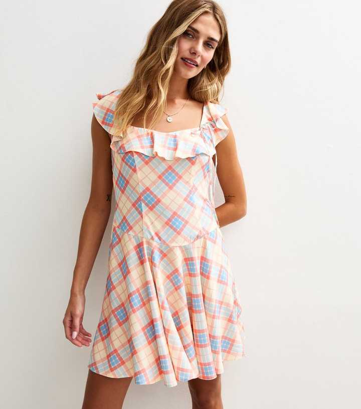 Check Top Pink Mini Pink Check Print Ruffle Front Side Bow Mini Dress | New Look