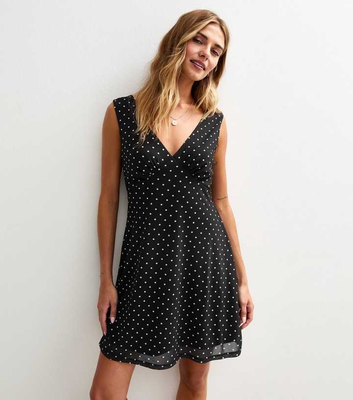 Black Polka Dot V-Neck Mesh Mini Dress | New Look Black Polka Dot V-Neck Mesh Mini Dress | New Look