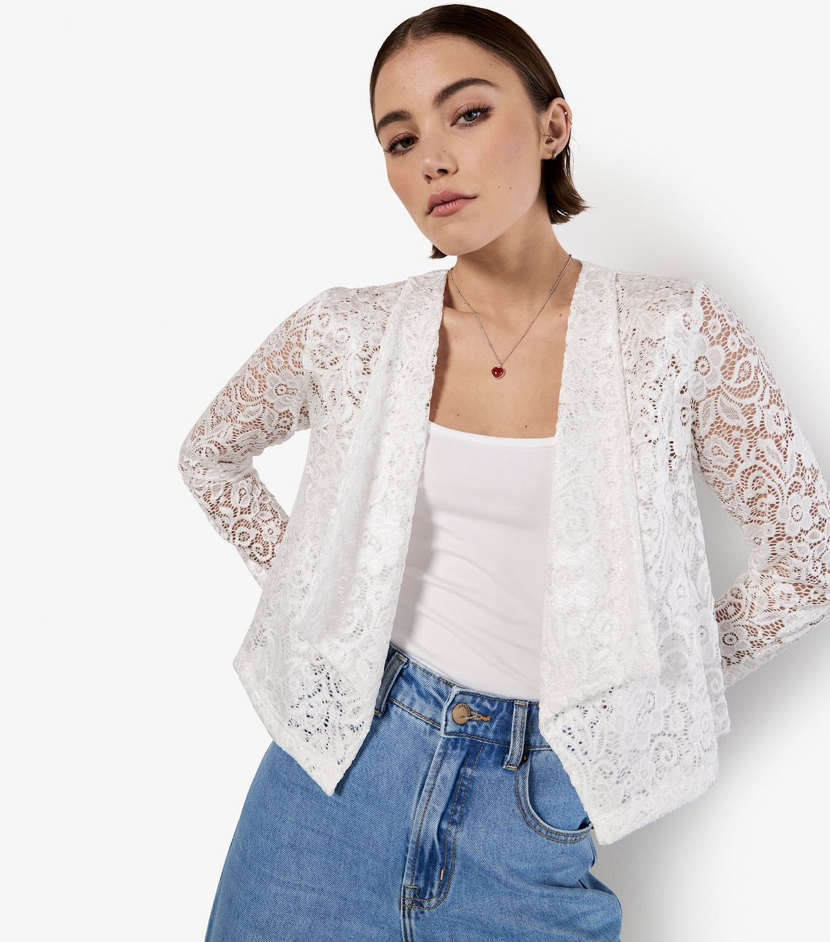 Women's White Lace Blazer Apricot New Look