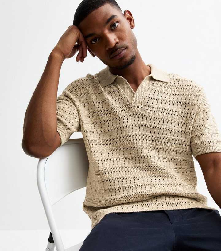 Only & Sons Cream Regular Crochet Knit Polo Top