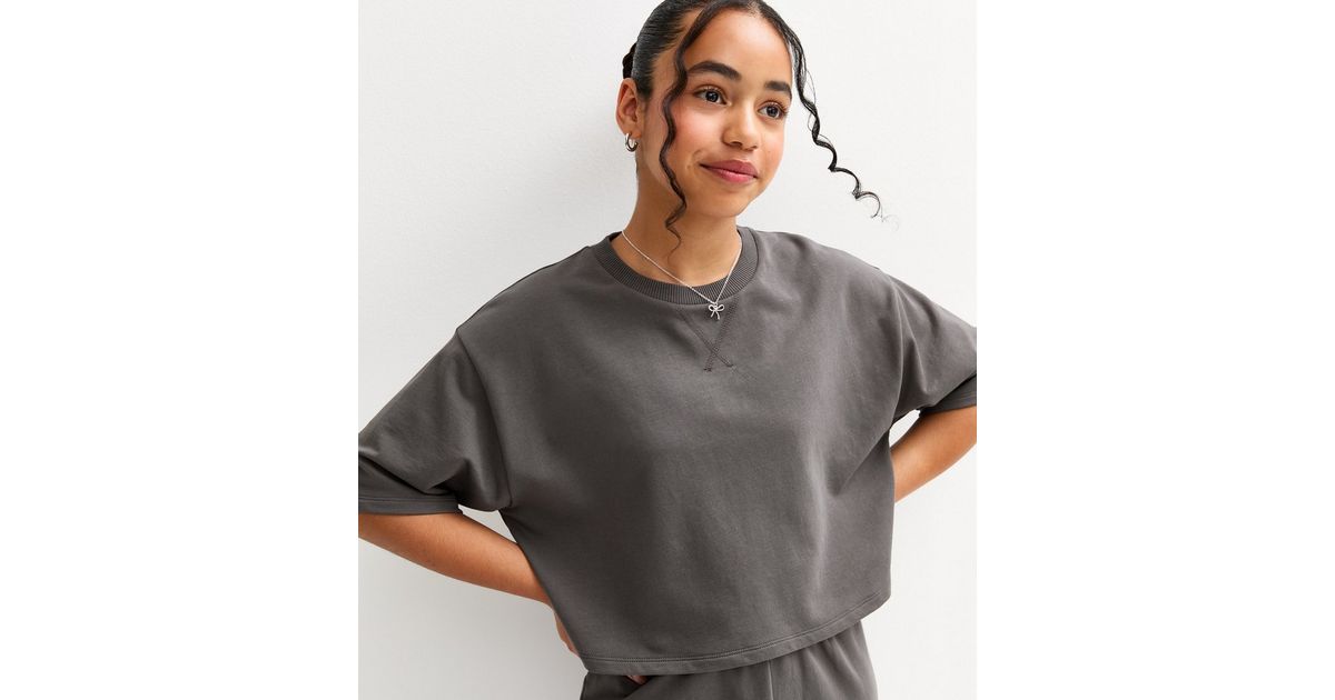 Girls Dark Grey Short Sleeve Sweatshirt New Look