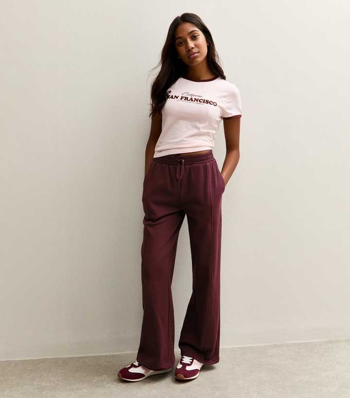 Girls Burgundy Seam Detail Wide Leg Joggers