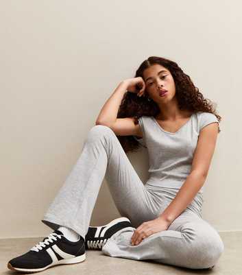 Girls Grey Folded Waist Flared Jersey Leggings
