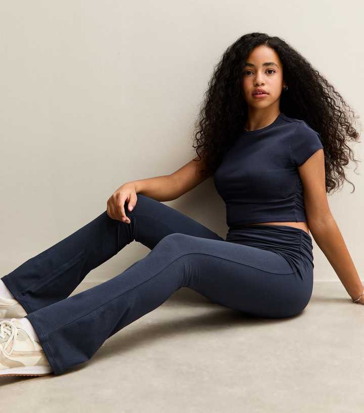 Girls Navy Folded Waist Flared Jersey Leggings