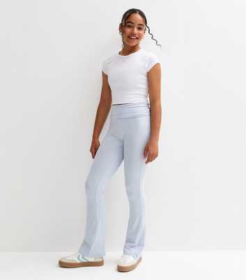 Girls Light Blue Folded Waist Flared Jersey Leggings 