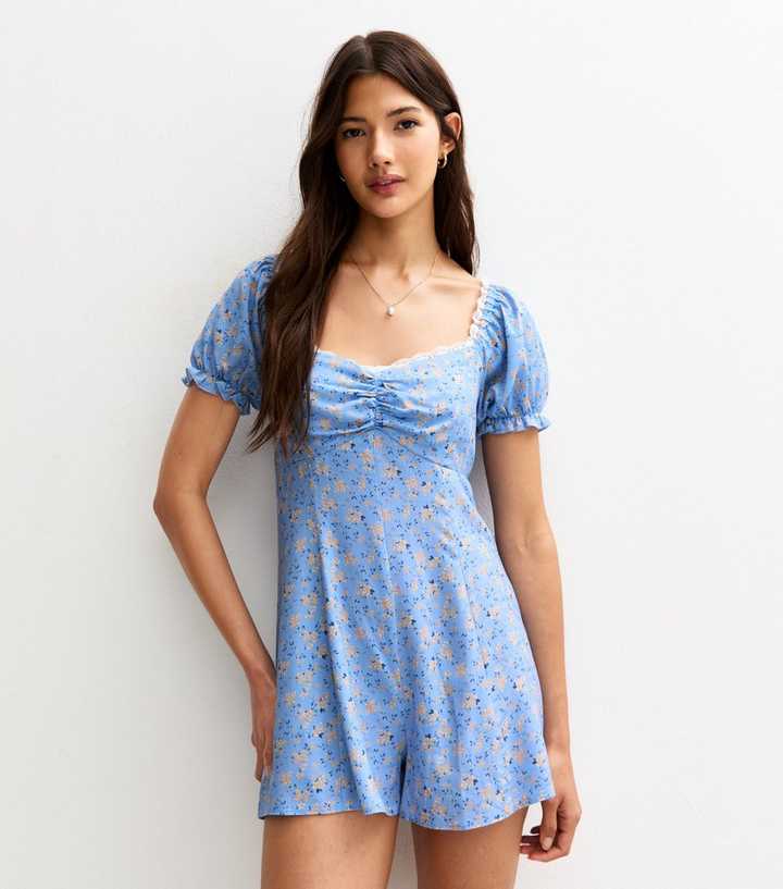 Blue Ditsy Print Lace Trim Playsuit