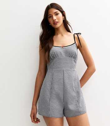 Black Rose Detail Gingham Print Strappy Playsuit