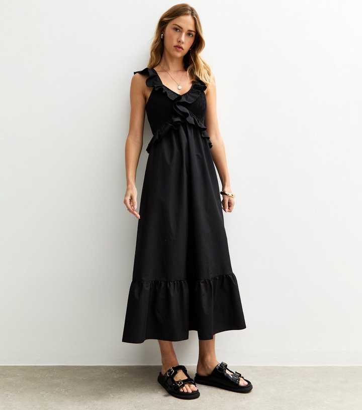 Black Ruffle Trim Shirred Bust Midi Dress