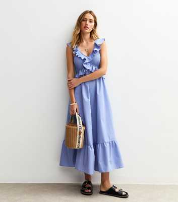 Blue Ruffle Trim Shirred Bust Midi Dress