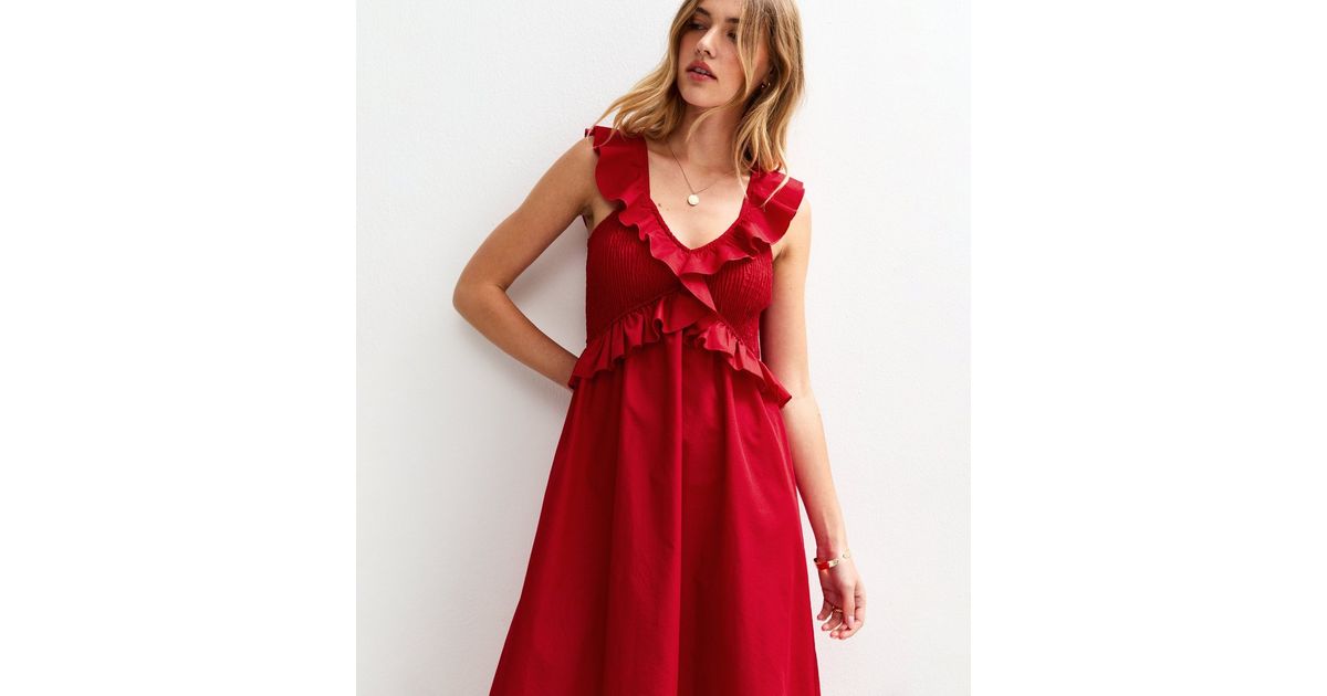 Bright Red Ruffle Trim Shirred Bust Midi Dress | New Look
