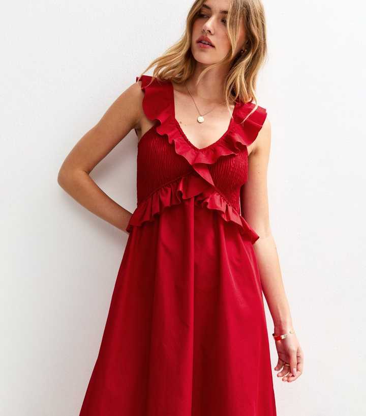 Bright Red Ruffle Trim Shirred Bust Midi Dress | New Look