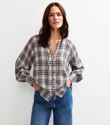 Blue Check Print Textured Tie Neck Blouse