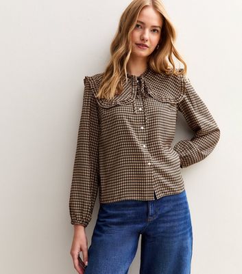 Brown Checked Print Frill Collar Shirt | New Look
