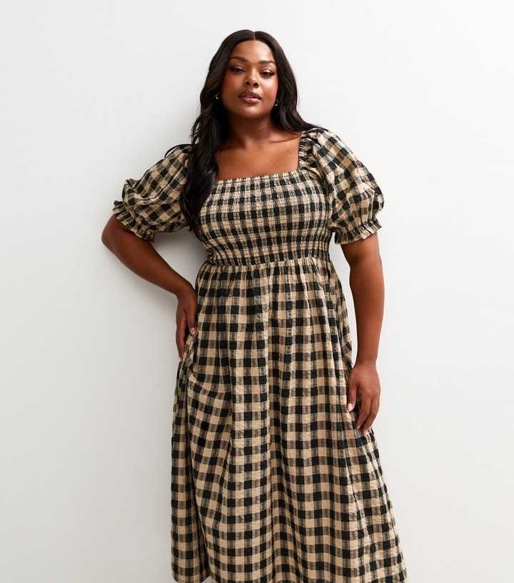 Curves Brown Checked Puff Sleeve Midi Dress