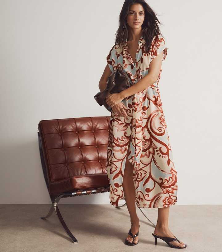 Cream Paisley Print Short Sleeve Midi Shirt Dress