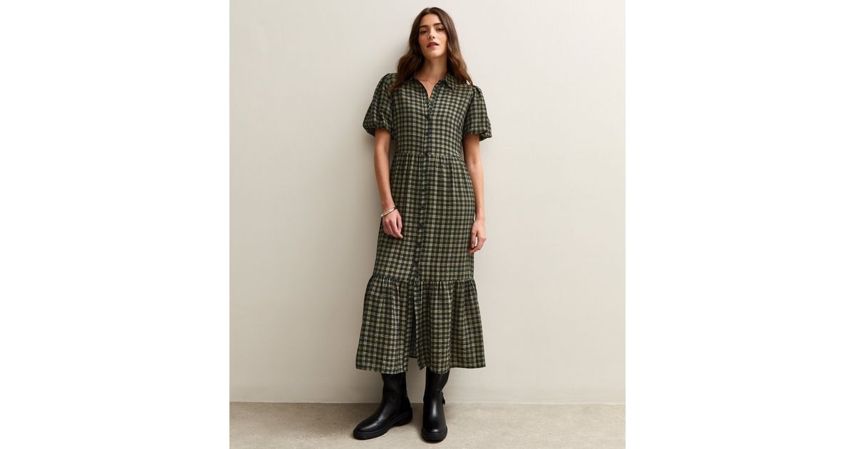 Green Check Print Midi Shirt Dress | New Look